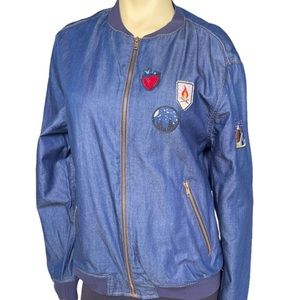 Zara Lightweight Mens Patch Denim Blue Bomber Jacket